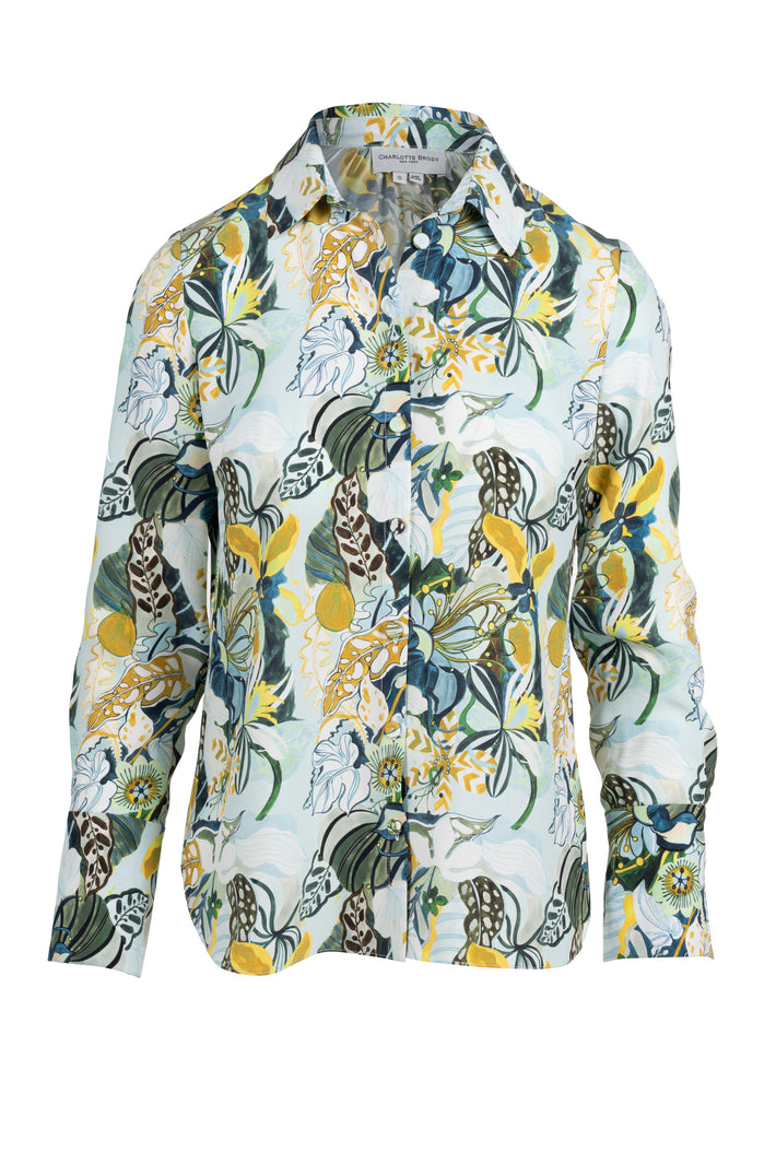 Silk Button Down Blouse - Sky Groovy Blooms