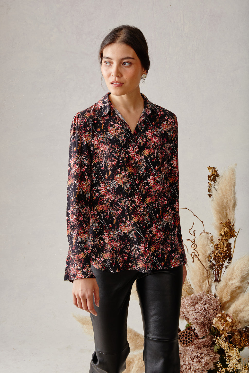 Silk Button Down - Rose Bursting Blooms