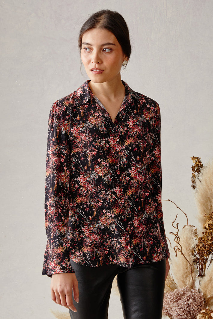 Silk Button Down - Rose Bursting Blooms