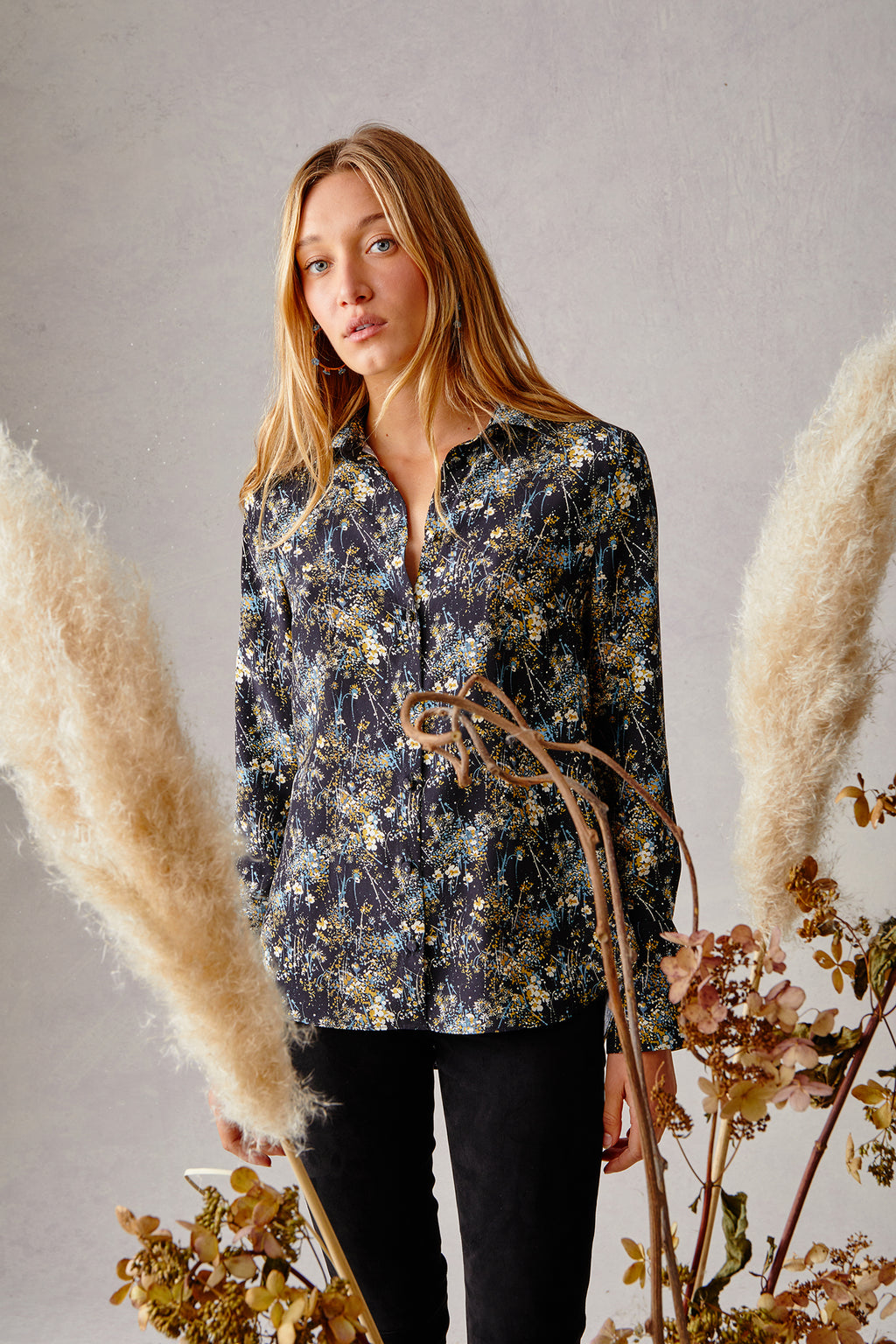 Silk Button Down - Denim Bursting Blooms