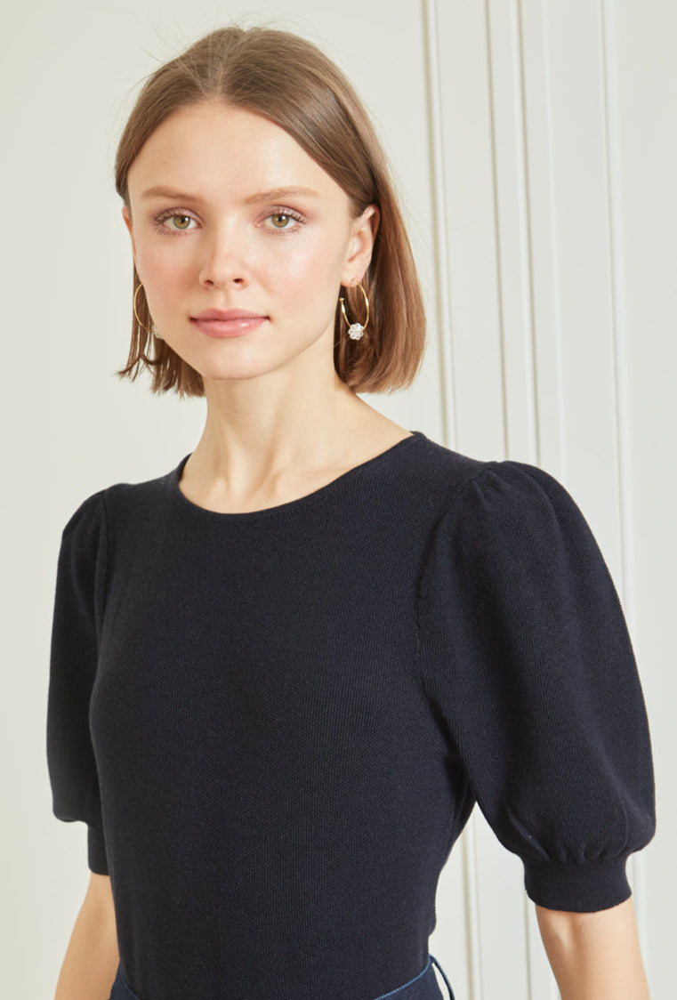Ruched Sleeve Sweater - Navy