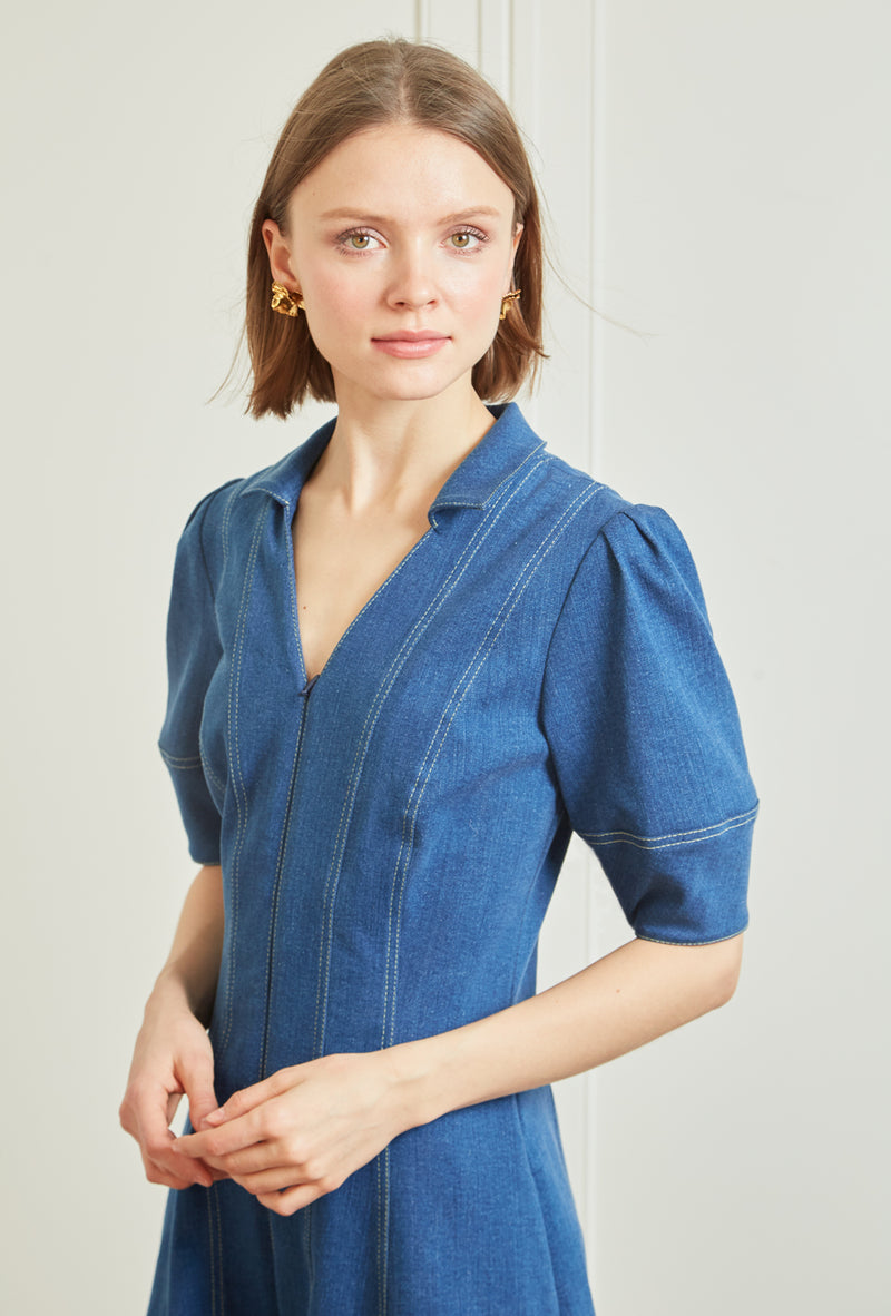 Lantern Sleeve Denim Dress - Blue