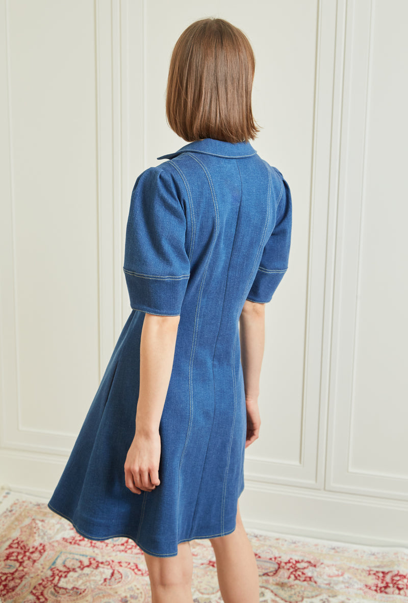 Lantern Sleeve Denim Dress - Blue