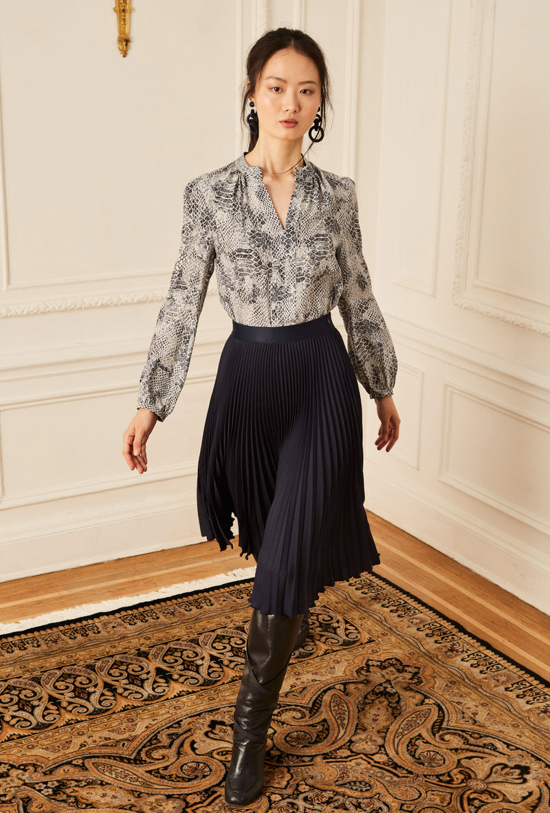 Long Sleeve Gathered Blouse - Navy Reptile
