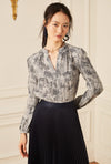 Long Sleeve Gathered Blouse - Navy Reptile