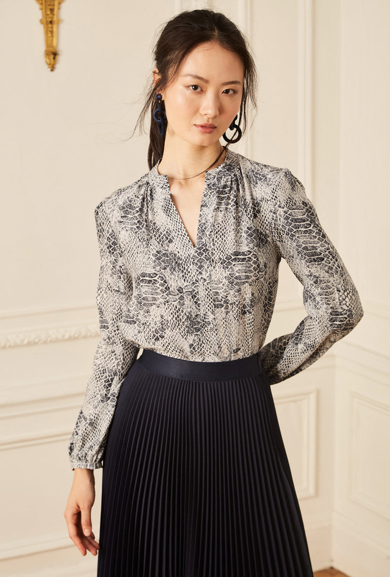 Long Sleeve Gathered Blouse - Navy Reptile