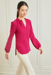 Long Sleeve Gathered Blouse - Hot Pink