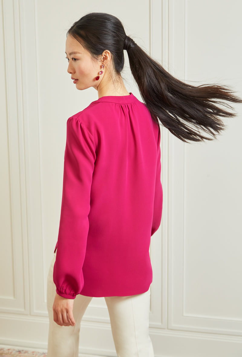 Long Sleeve Gathered Blouse - Hot Pink