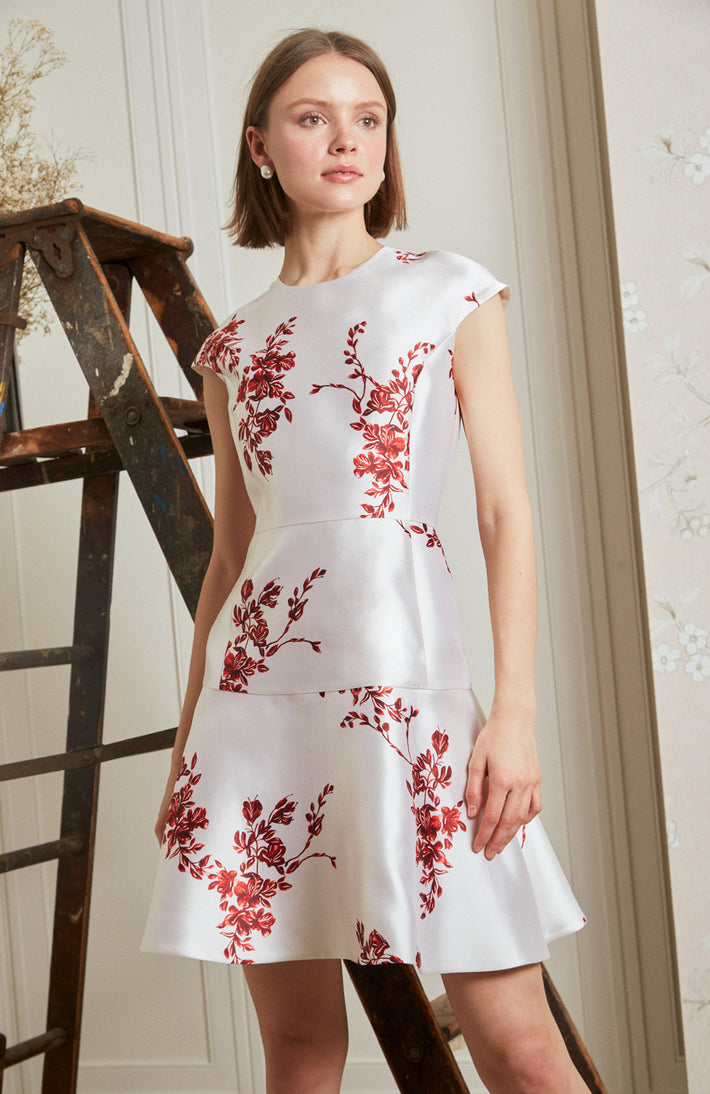 Flounce Dress - Red Painted Floral Mikado
