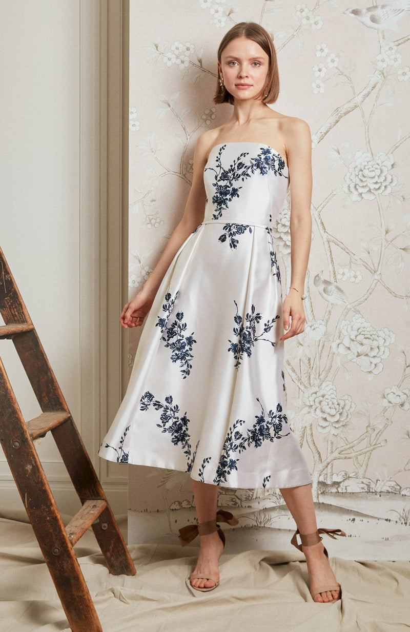 Strapless Tea Length Dress - Navy Painted Floral Silk