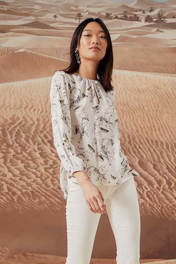 Keyhole Blouse - Olive Butterfly