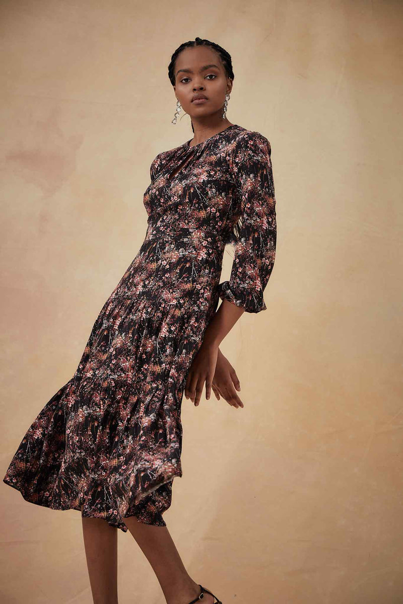 Keyhole Midi Dress - Rose Bursting Blooms