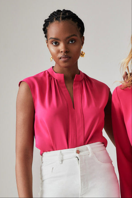 Sleeveless Gathered Blouse - Hot Pink