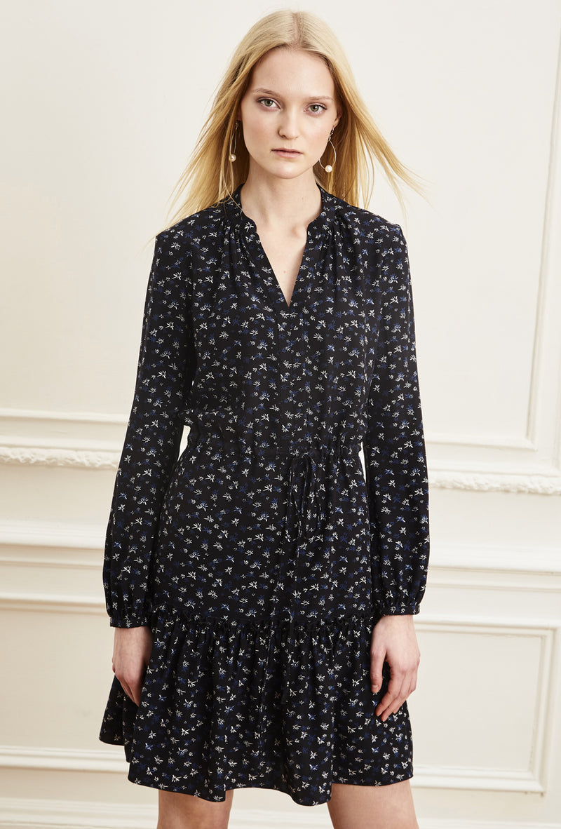 Fit and Flare Shirt Dress - Black Navy Micro Flower
