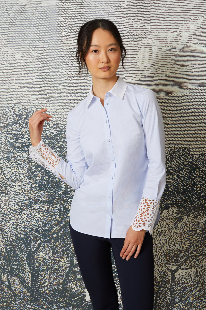 Lace Button Down - Blue and White Stripe