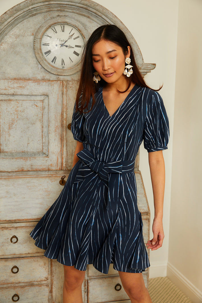 V-Neck Godet Dress - Navy Willow
