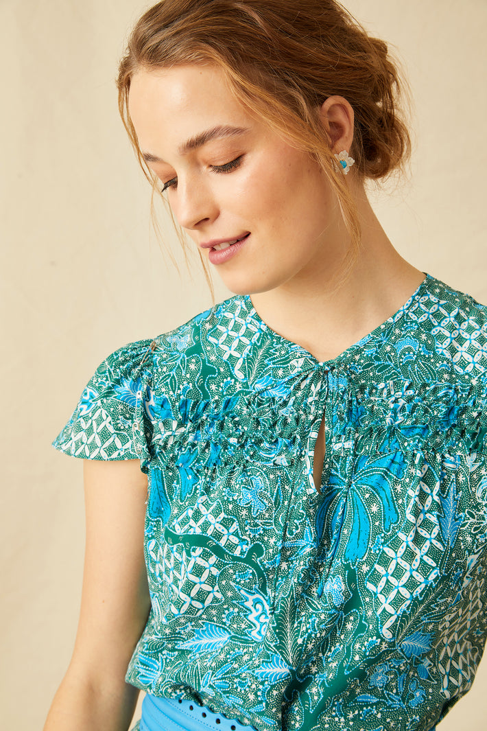 Amor Blouse - Aqua Trellis