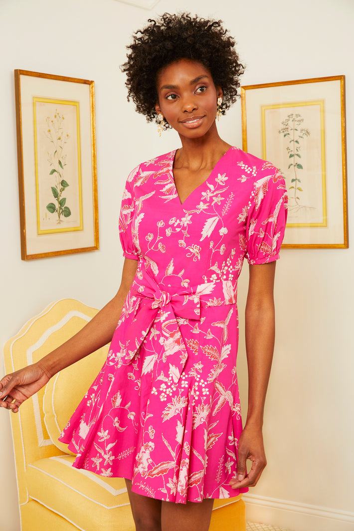 V-Neck Godet Dress - Fuchsia Jasmine Batik
