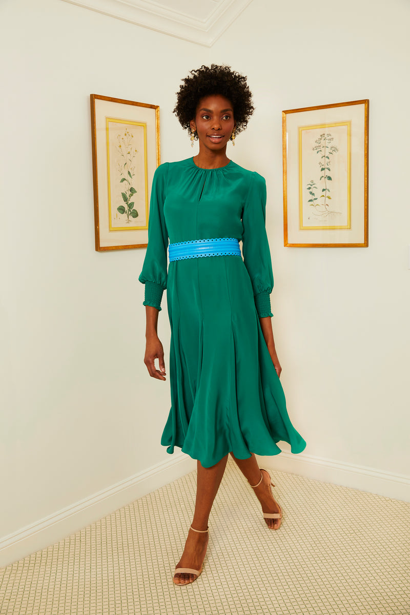 Smocked Keyhole Midi Dress - Emerald