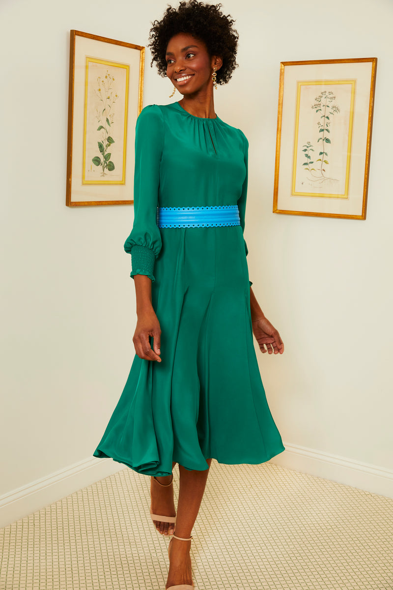 Smocked Keyhole Midi Dress - Emerald