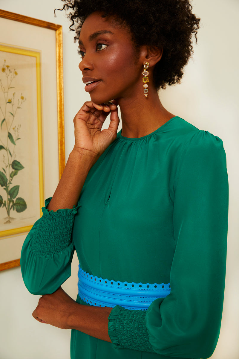 Smocked Keyhole Midi Dress - Emerald