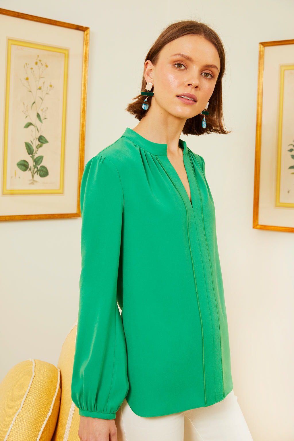 Long Sleeve Gathered Blouse - Emerald