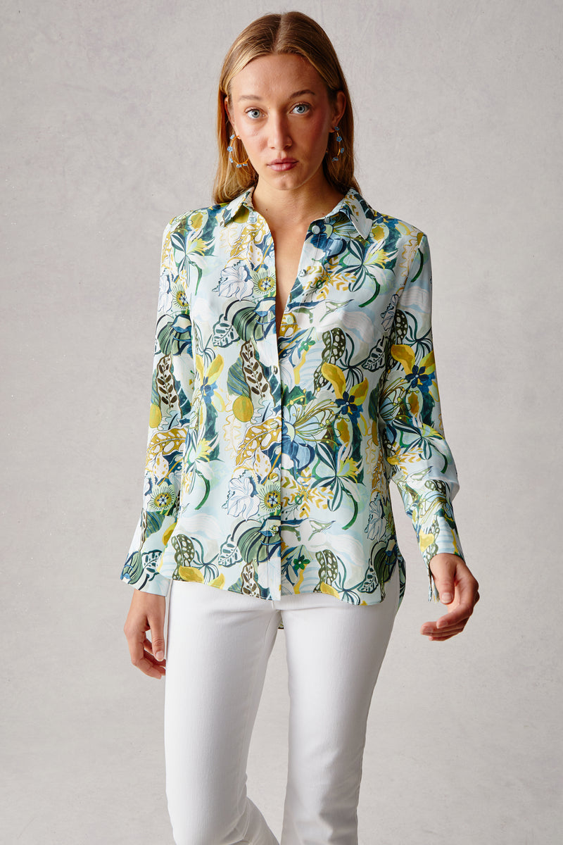 Silk Button Down Blouse - Sky Groovy Blooms