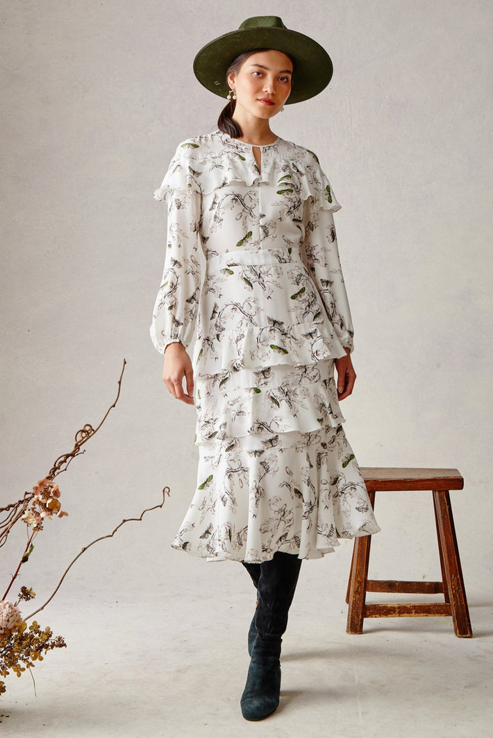 Cascade Ruffle Dress - Olive Butterfly