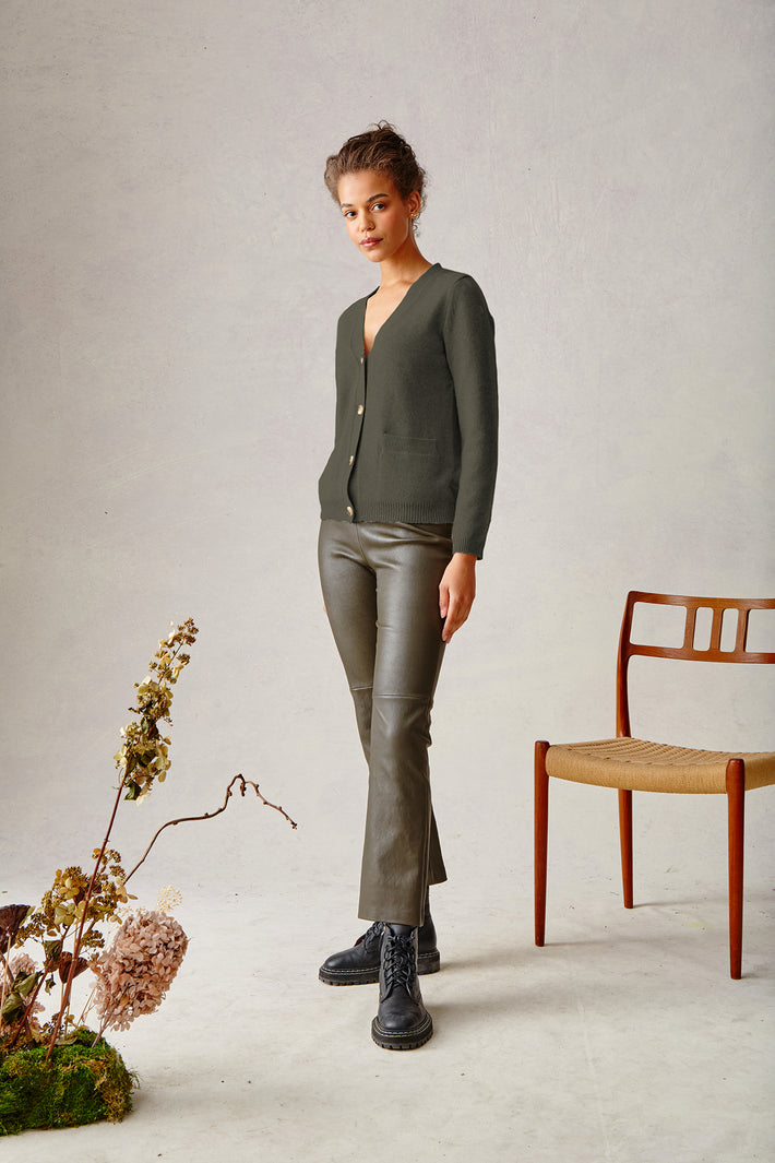 Crop Leather Kick Flare Pant - Olive