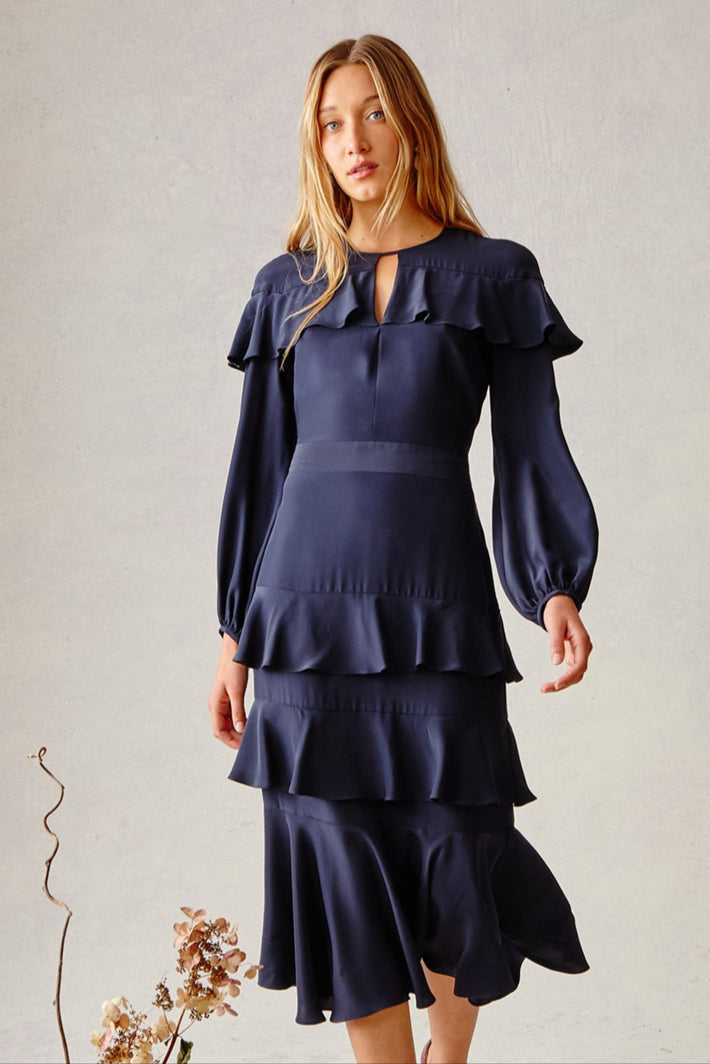 Cascade Ruffle Dress - Navy