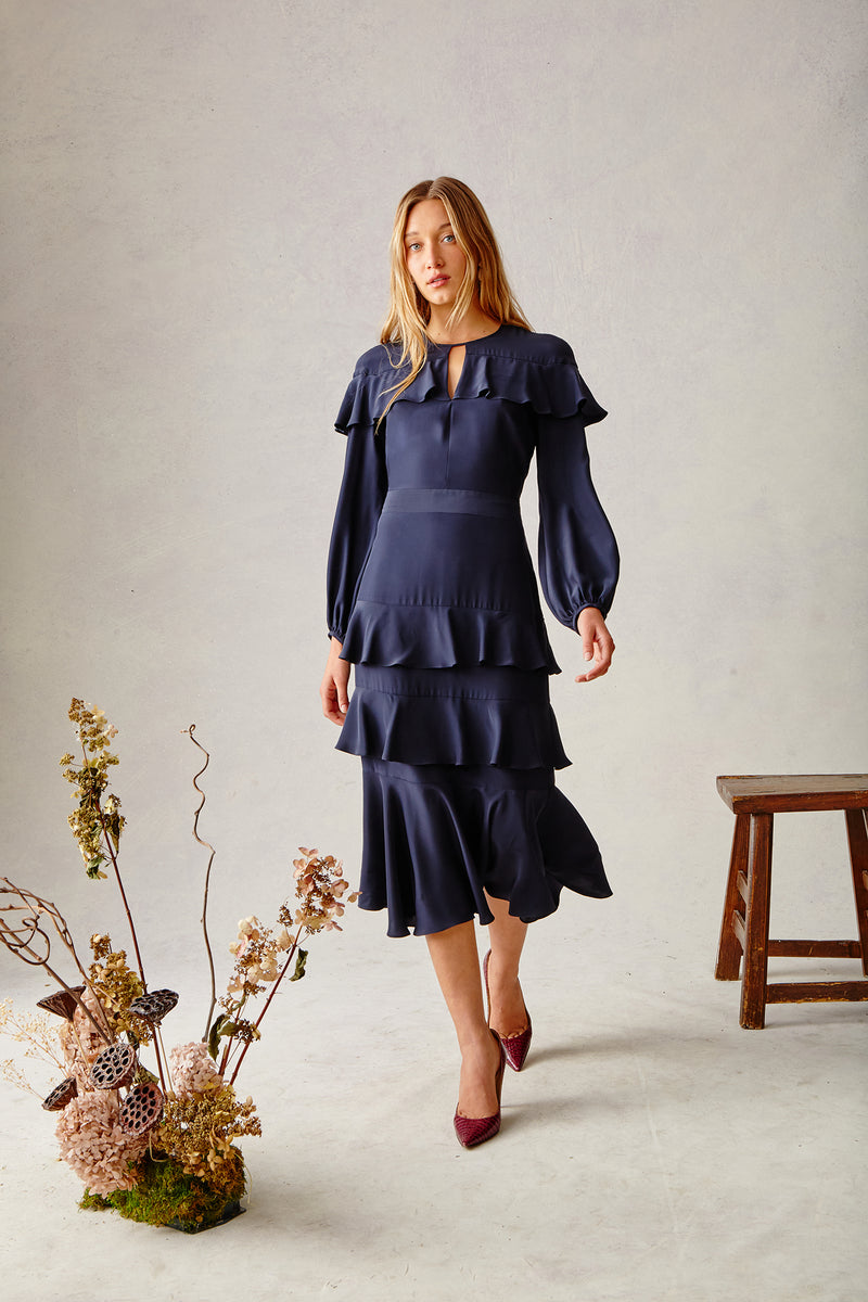 Cascade Ruffle Dress - Navy