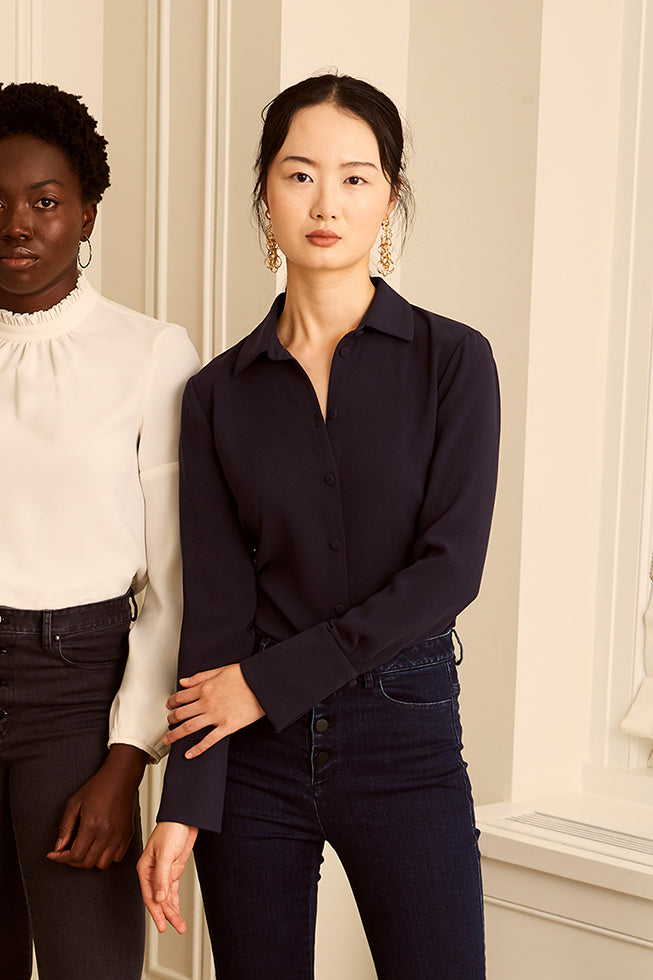 Classic Button Down Blouse - Navy