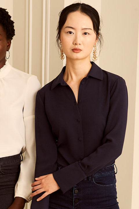 Classic Button Down Blouse - Navy